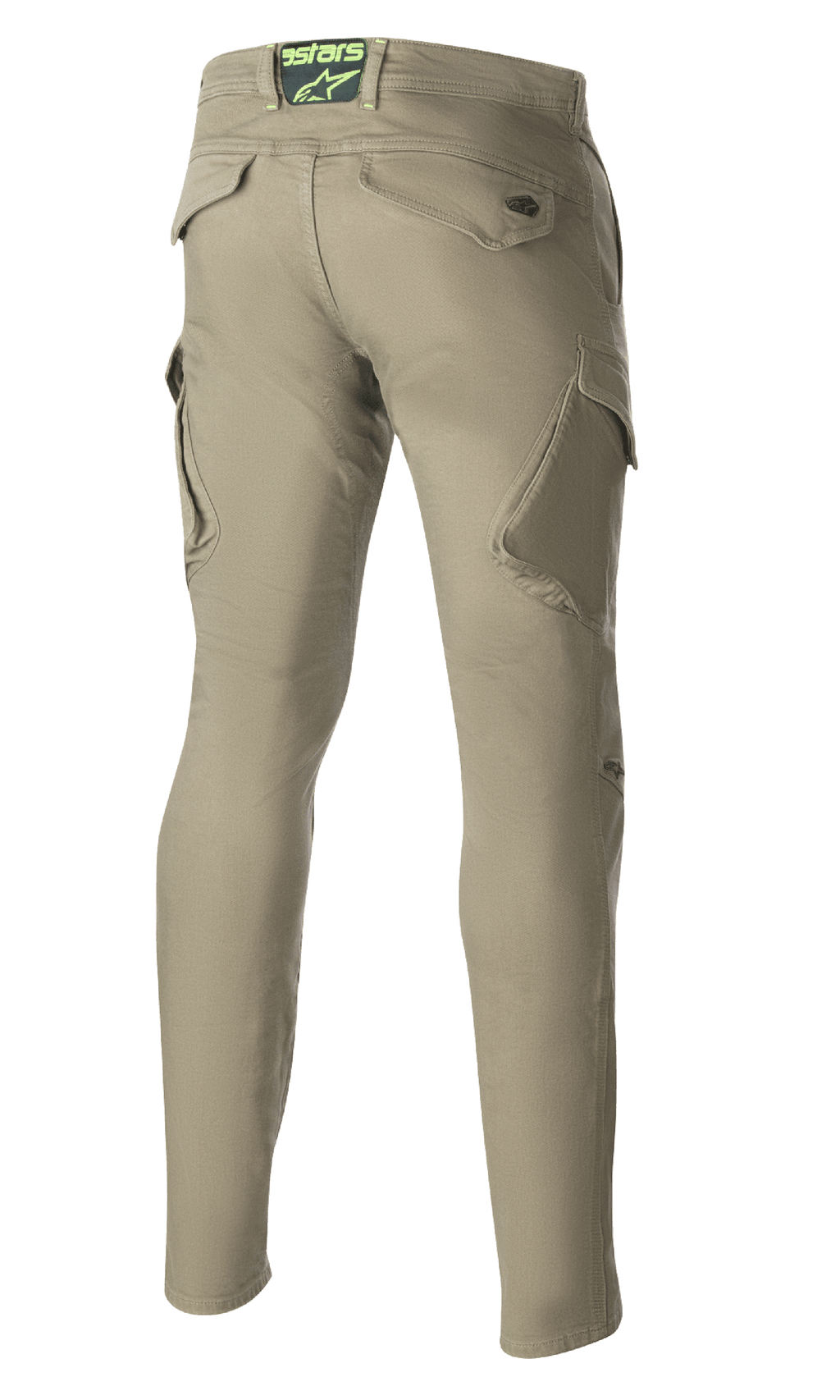 Alpinestars Caliber Slim Fit Tech Riding Pants, Military Green, Rückansicht mit schrägen Cargotaschen und schmal zulaufender Silhouette, Astars-Logo am hinteren Hosenbund, strapazierfähige Motorradhose im urbanen Combat-Style