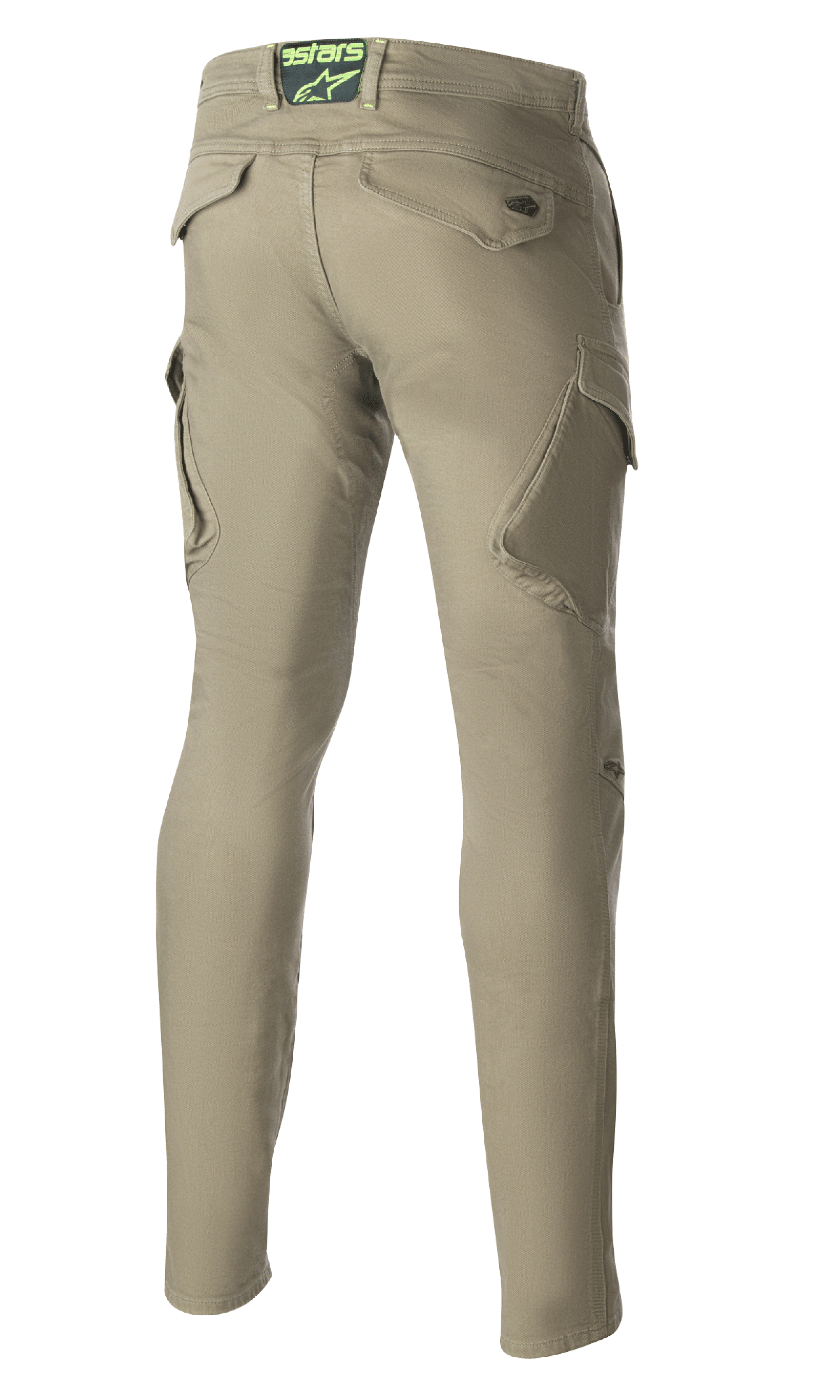 Alpinestars Caliber Slim Fit Tech Riding Pants, Military Green, Rückansicht mit schrägen Cargotaschen und schmal zulaufender Silhouette, Astars-Logo am hinteren Hosenbund, strapazierfähige Motorradhose im urbanen Combat-Style