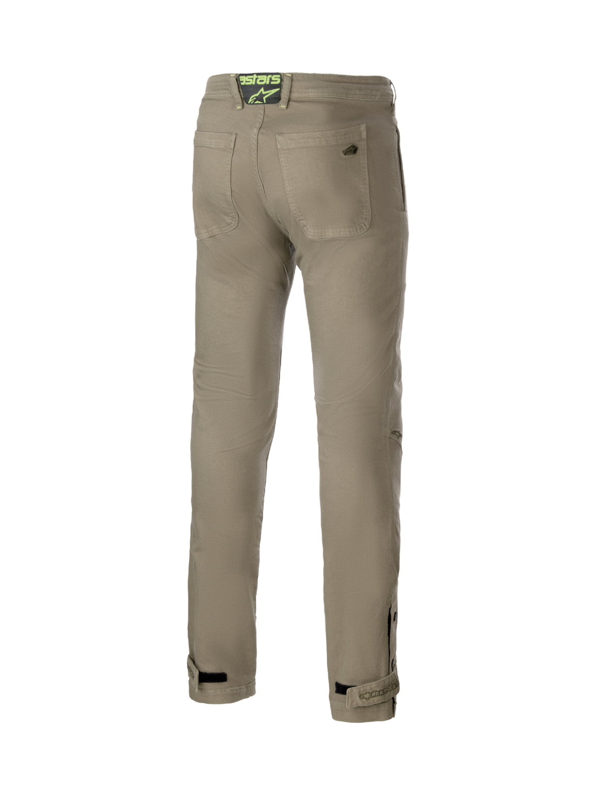 Alpinestars Stratos Regular Fit Tech Motorradhose, Rückansicht, Grau, aus abriebfestem Cordura Denim, urbane Herrenhose mit verstellbarem Beinabschluss und neongrünem Logo am Bund.