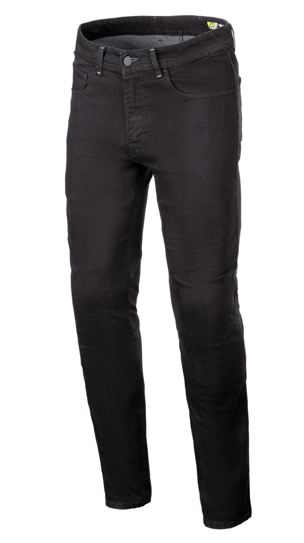 Alpinestars Radium V2 Denim Pants, Motorcycle Riding Jeans, Black Rinse, featuring a regular tapered leg, five-pocket design, belt loops, button and zipper closure, dark denim fabric