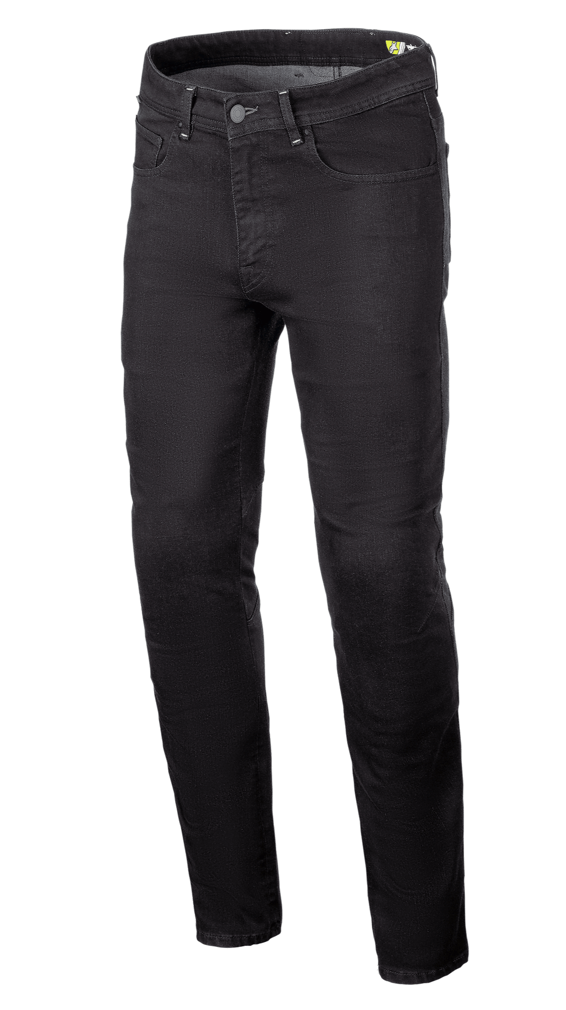 Alpinestars Radium V2 Denim-Hose, Motorradjeans, Schwarz, mit regulär zulaufendem Bein, Five-Pocket-Design, Gürtelschlaufen, Knopf- und Reißverschluss, dunkler Denim-Stoff