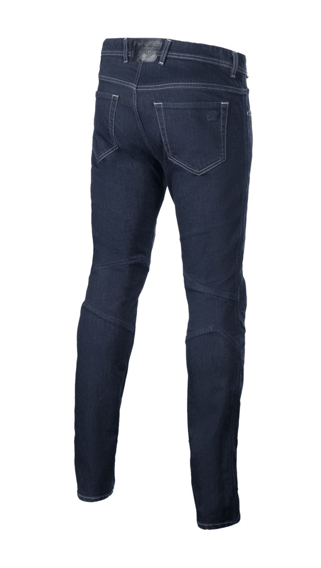 Alpinestars Radium V2 Denim-Hose, Urban Motorrad-Jeans, Rinse Blue, Rückansicht mit Five-Pocket-Design, konisch zulaufendem Bein und dunklem Denim-Material mit Kontrastnähten