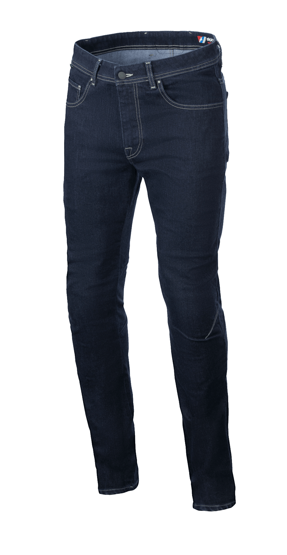 Alpinestars Radium V2 Denim Pants, Motorrad-Jeans, Rinse Blue, reguläre konisch zulaufende Passform, klassisches Five-Pocket-Design, helle Kontrastnähte, strapazierfähiges Stretch-Cordura-Denim.