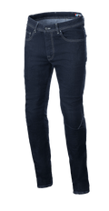 Alpinestars Radium V2 Denim Pants, Motorrad-Jeans, Rinse Blue, reguläre konisch zulaufende Passform, klassisches Five-Pocket-Design, helle Kontrastnähte, strapazierfähiges Stretch-Cordura-Denim.