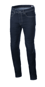 Alpinestars Radium V2 Denim Pants, Motorrad-Jeans, Rinse Blue, reguläre konisch zulaufende Passform, klassisches Five-Pocket-Design, helle Kontrastnähte, strapazierfähiges Stretch-Cordura-Denim.