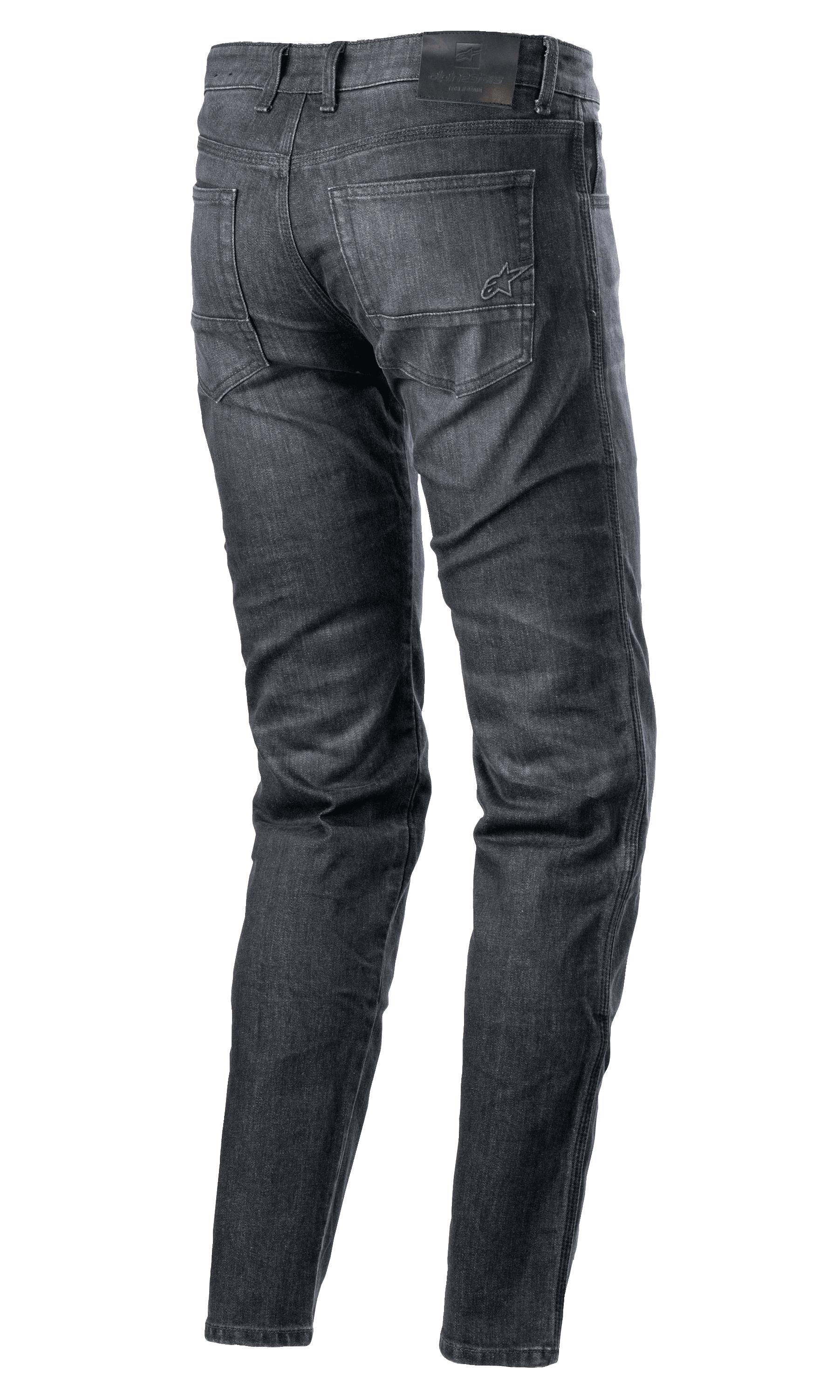 Alpinestars Sektor Regular Fit Denim-Hose, Motorradjeans, Black Washed, Rückansicht mit Five-Pocket-Design, gesticktes Logo auf der Gesäßtasche, schwarzer Lederaufnäher am Bund, konisch zulaufendes Bein, urbane technische Motorradausrüstung