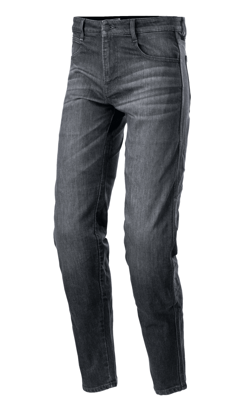 Alpinestars Sektor Regular Fit Denim Pants, schwarz gewaschene Motorrad-Jeans, lässige konisch zulaufende Passform, Five-Pocket-Design mit Gürtelschlaufen, verwaschene Denim-Struktur mit verstärkten Nähten, urbane Motorradbekleidung