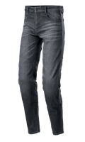 Alpinestars Sektor Regular Fit Denim Pants, schwarz gewaschene Motorrad-Jeans, lässige konisch zulaufende Passform, Five-Pocket-Design mit Gürtelschlaufen, verwaschene Denim-Struktur mit verstärkten Nähten, urbane Motorradbekleidung