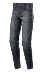 Alpinestars Sektor Regular Fit Denim Pants, schwarz gewaschene Motorrad-Jeans, lässige konisch zulaufende Passform, Five-Pocket-Design mit Gürtelschlaufen, verwaschene Denim-Struktur mit verstärkten Nähten, urbane Motorradbekleidung
