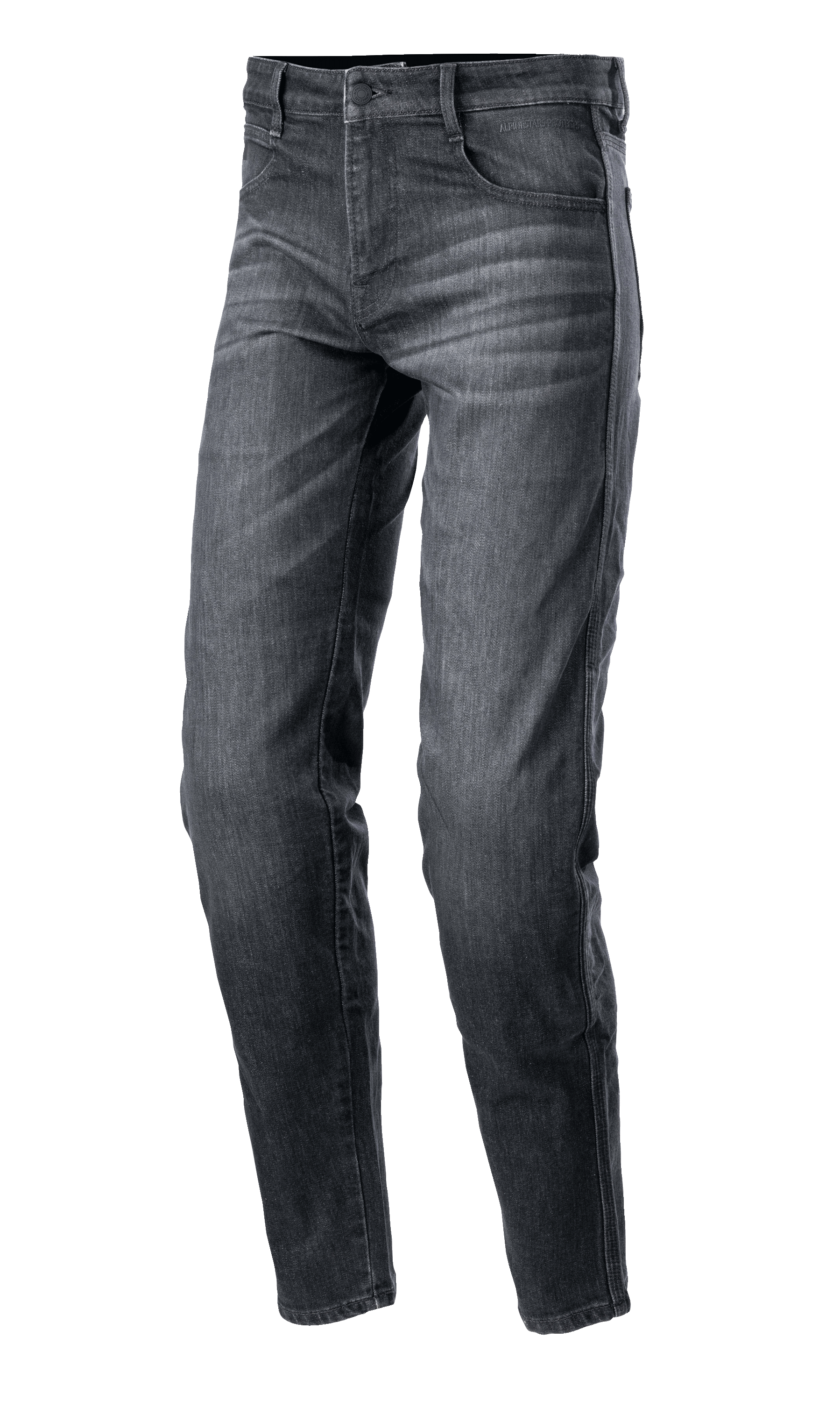 Alpinestars Sektor Regular Fit Denim Pants, schwarz gewaschene Motorrad-Jeans, lässige konisch zulaufende Passform, Five-Pocket-Design mit Gürtelschlaufen, verwaschene Denim-Struktur mit verstärkten Nähten, urbane Motorradbekleidung