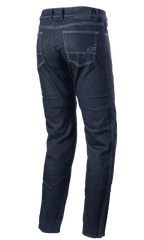 Alpinestars Sektor Regular Fit Denim-Hose, urbane Motorradhose, dunkelblaues Denim, Rückansicht mit Gesäßtaschen und hellen Kontrastnähten, kleines gesticktes Logo, Regular-Fit-Schnitt mit schmal zulaufendem Bein