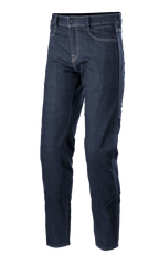 Alpinestars Sektor Regular Fit Denim Pants, Motorradjeans in Mittelblau, technische Fahrhose mit weißen Kontrastnähten, Five-Pocket-Design, Gürtelschlaufen und konisch zulaufendem Bein aus Stretch-Denim