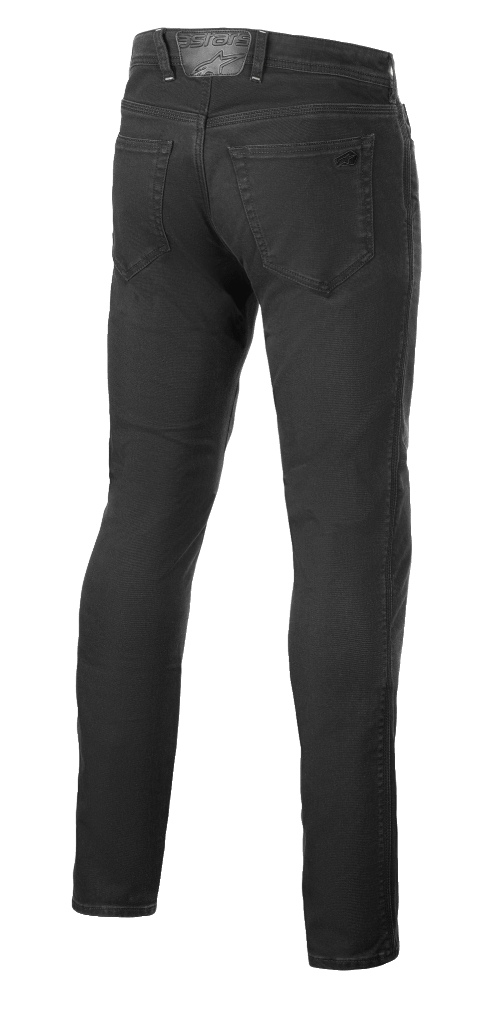 Alpinestars Copper V3 Denim Hose, Motorradjeans, Black Rinse, Rückansicht mit Gesäßtaschen und Lederaufnäher am Bund mit farblich abgestimmtem Branding, bequeme Passform mit geradem Bein