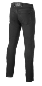 Alpinestars Copper V3 Denim Hose, Motorradjeans, Black Rinse, Rückansicht mit Gesäßtaschen und Lederaufnäher am Bund mit farblich abgestimmtem Branding, bequeme Passform mit geradem Bein