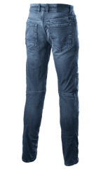 Alpinestars Argon Slim Fit Denim Hose, Motorradjeans, Mittelblau, Rückansicht mit Gesäßtaschen und besticktem Stern-Logo, Slim-Fit-Silhouette, technische Denim-Konstruktion für urbanes Fahren