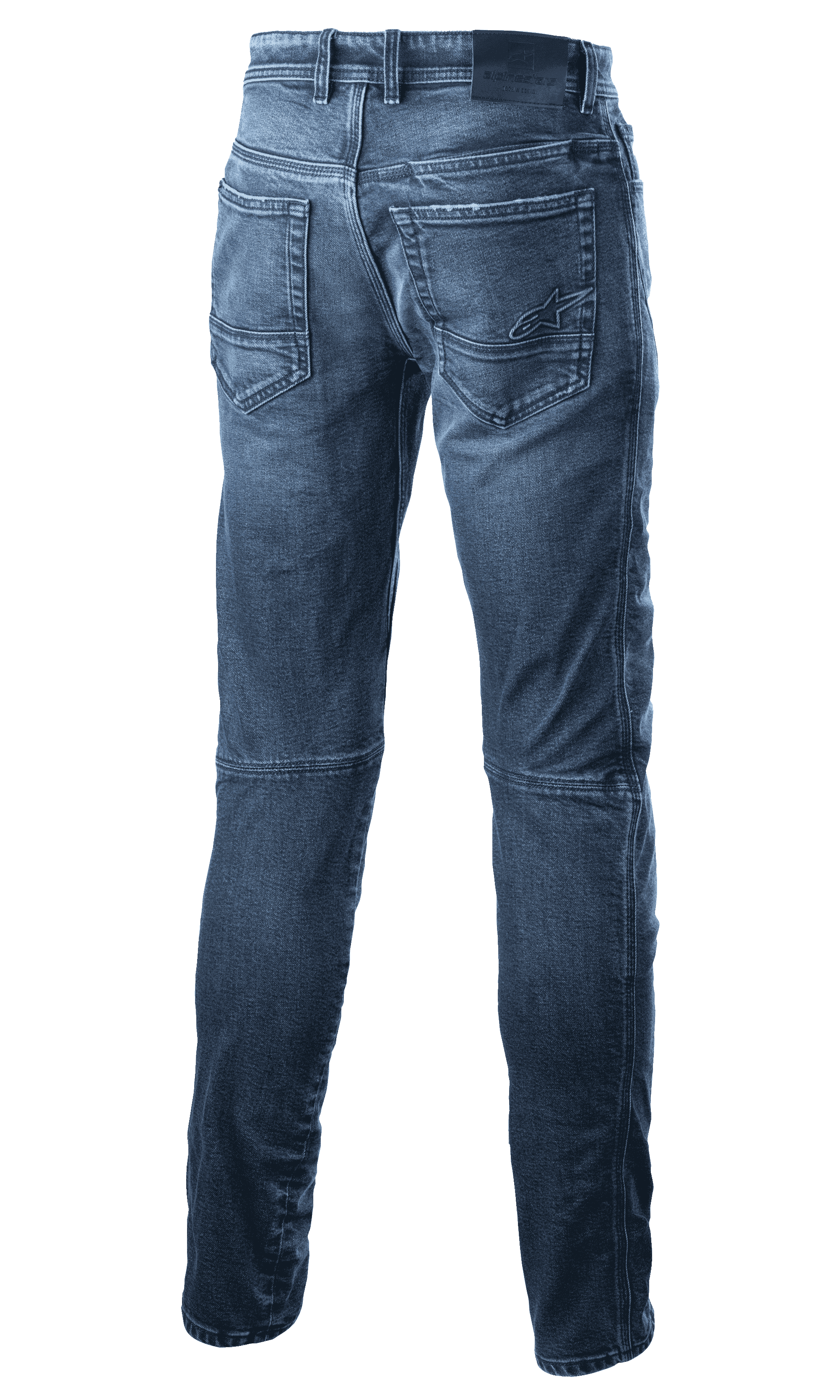Alpinestars Argon Slim Fit Denim Hose, Motorradjeans, Mittelblau, Rückansicht mit Gesäßtaschen und besticktem Stern-Logo, Slim-Fit-Silhouette, technische Denim-Konstruktion für urbanes Fahren