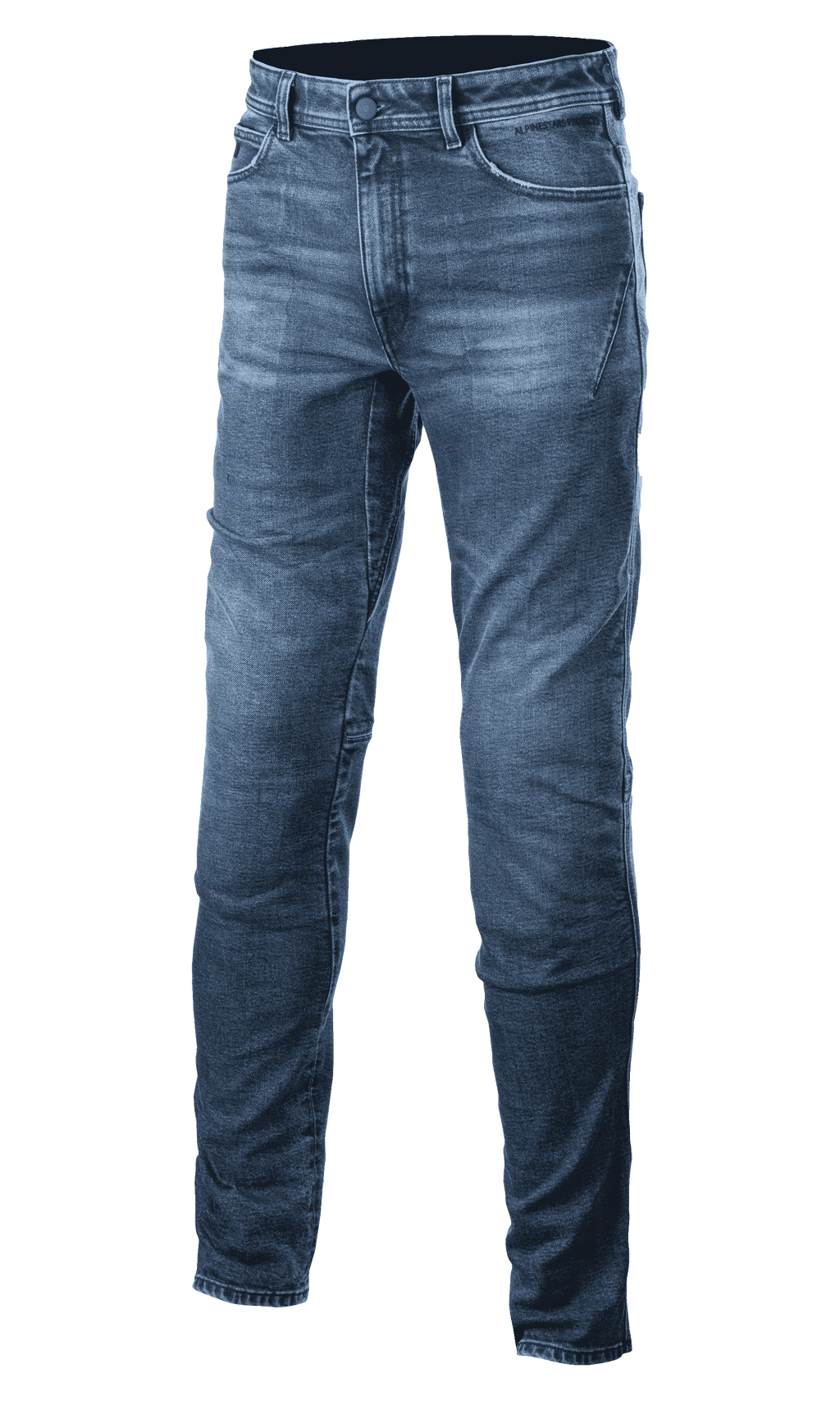 Alpinestars Argon Slim Fit Denim Hose, Mid Blue, Motorrad-Jeans mit Knopf- und Reißverschluss, verwaschene Optik, Slim Fit Design, Gürtelschlaufen und Vordertaschen, sichtbare Nähte