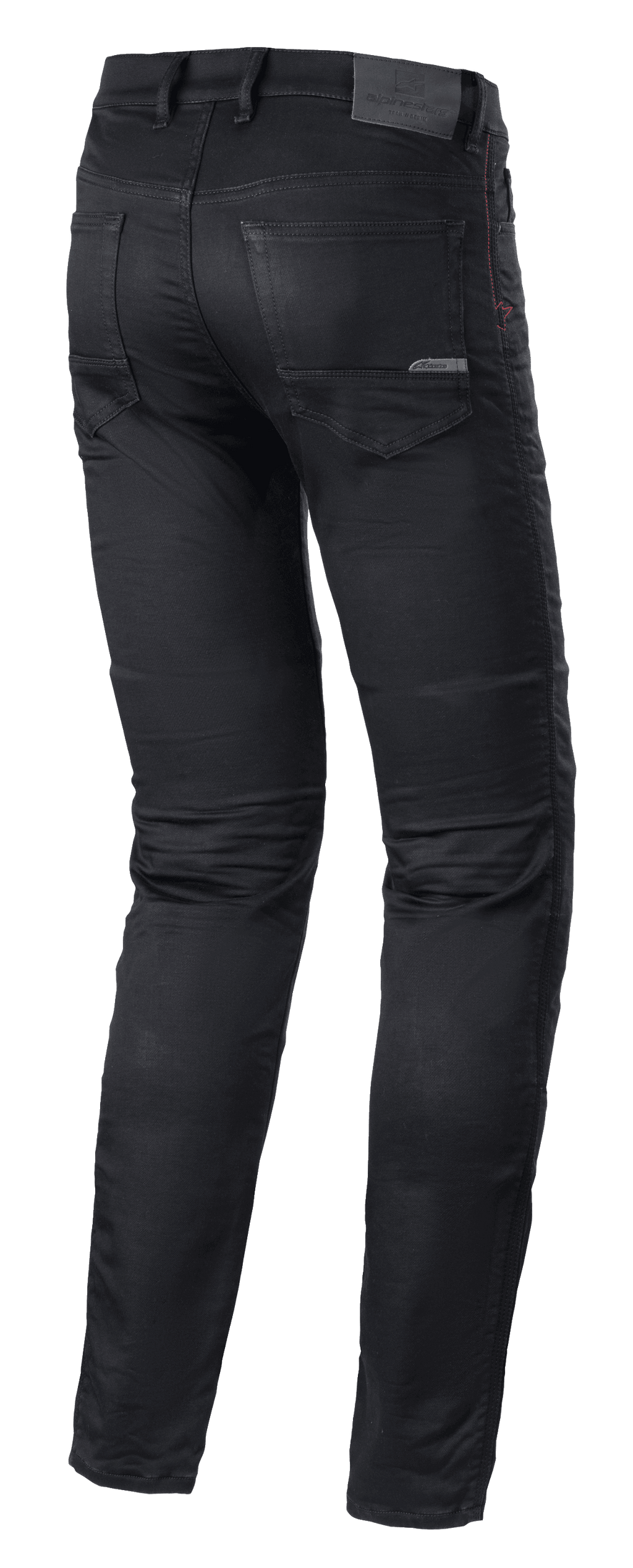 Alpinestars Cerium Tech Stretch Riding Denim, Motorradjeans, Black Rinse, Slim-Fit-Design, Rückansicht mit vorgeformter Beinkonstruktion, Gesäßtaschen und Leder-Aufnäher am Bund mit geprägtem Branding