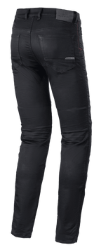 Alpinestars Cerium Tech Stretch Riding Denim, Motorradjeans, Black Rinse, Slim-Fit-Design, Rückansicht mit vorgeformter Beinkonstruktion, Gesäßtaschen und Leder-Aufnäher am Bund mit geprägtem Branding