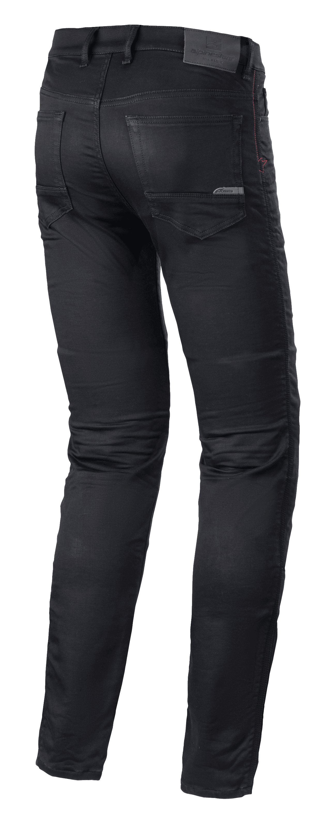 Alpinestars Cerium Tech Stretch Riding Denim, Motorradjeans, Black Rinse, Slim-Fit-Design, Rückansicht mit vorgeformter Beinkonstruktion, Gesäßtaschen und Leder-Aufnäher am Bund mit geprägtem Branding