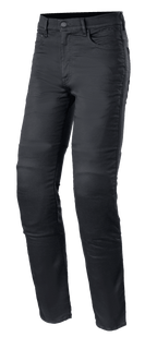 Alpinestars Cerium Tech Stretch Riding Denim, Motorrad-Jeans in Black Rinse, Schlanke Passform mit Knopfverschluss, Fünf-Taschen-Design mit Gürtelschlaufen, strapazierfähiges Stretch-Gewebe mit sichtbaren Nähten