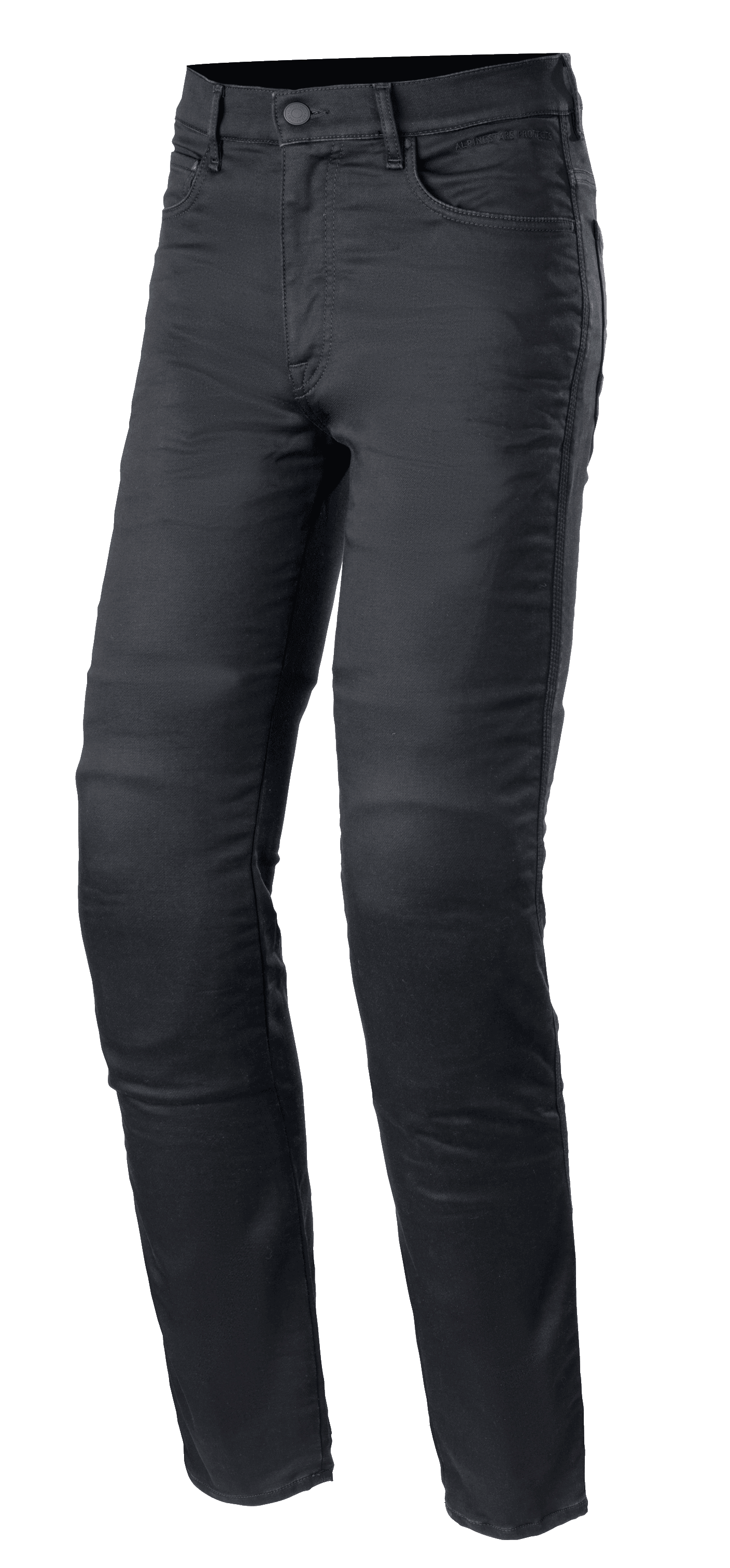 Alpinestars Cerium Tech Stretch Riding Denim, Motorrad-Jeans in Black Rinse, Schlanke Passform mit Knopfverschluss, Fünf-Taschen-Design mit Gürtelschlaufen, strapazierfähiges Stretch-Gewebe mit sichtbaren Nähten