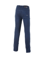 Alpinestars Cerium Tech Stretch Motorrad-Jeans, schmale Passform, Rückansicht in Blau, Urban Road Riding, CE-zertifiziert, klassisches Five-Pocket-Design mit Logo-Patch am Bund.