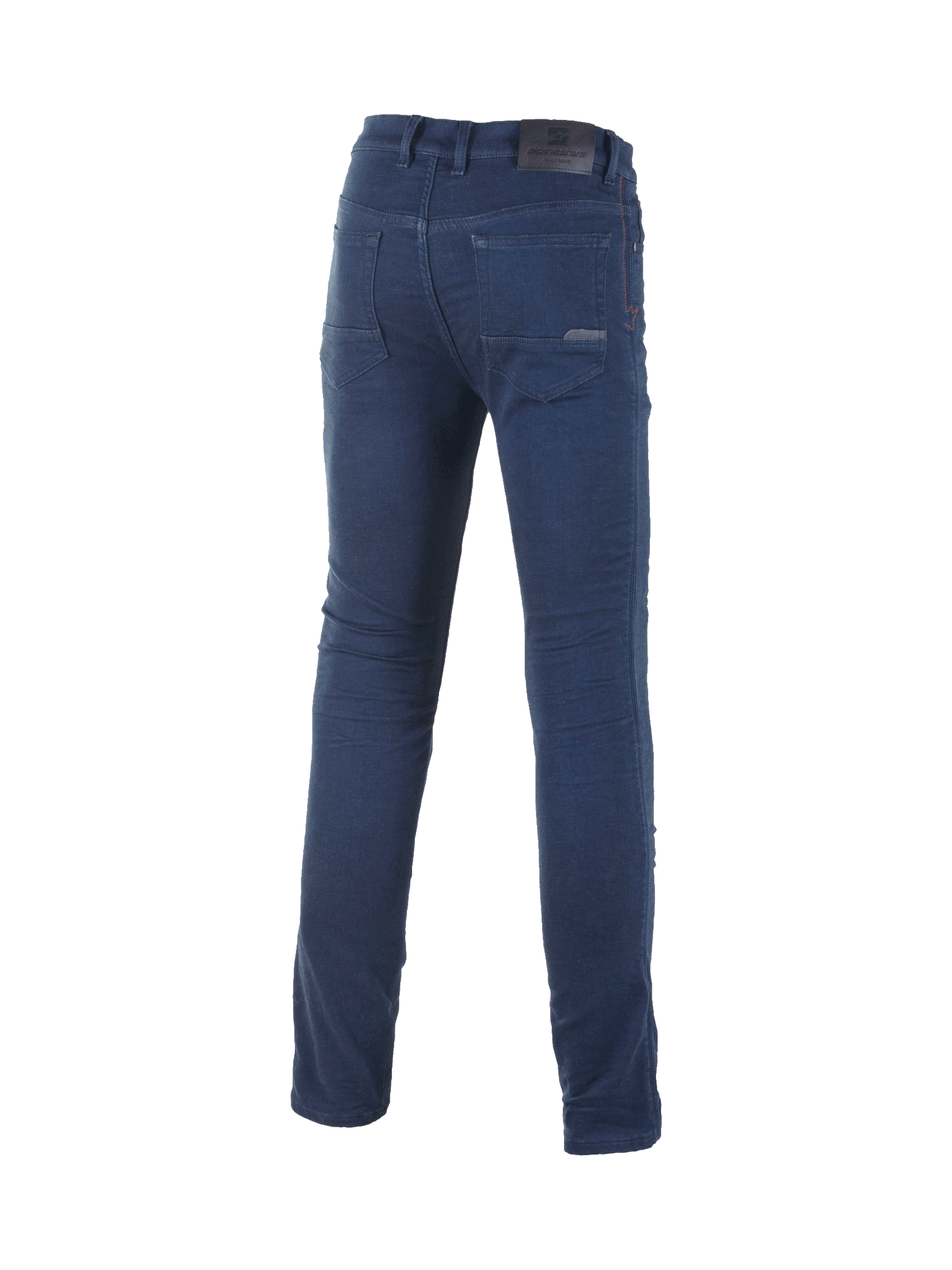 Alpinestars Cerium Tech Stretch Motorrad-Jeans, schmale Passform, Rückansicht in Blau, Urban Road Riding, CE-zertifiziert, klassisches Five-Pocket-Design mit Logo-Patch am Bund.