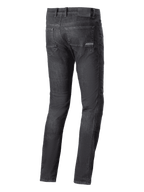 Alpinestars Cerium Denim Tech Riding Pants, Motorrad-Jeans, Black Washed, Rückansicht mit Gesäßtaschen und Logo-Patch am Bund, lässiger urbaner Fahrstil