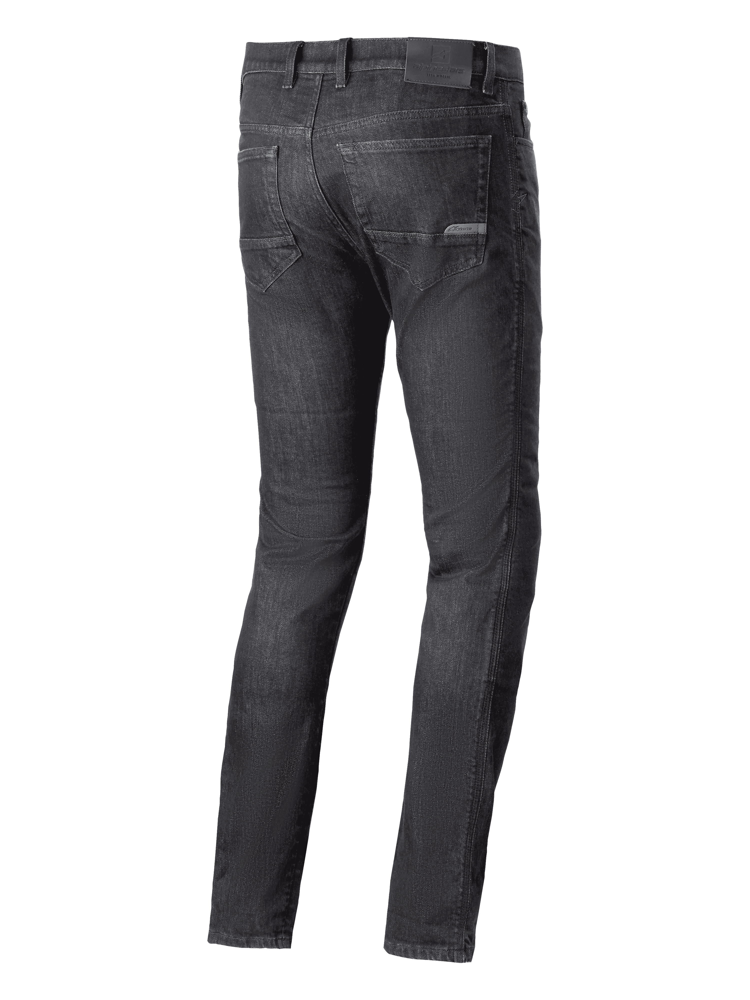 Alpinestars Cerium Denim Tech Riding Pants, Motorrad-Jeans, Black Washed, Rückansicht mit Gesäßtaschen und Logo-Patch am Bund, lässiger urbaner Fahrstil