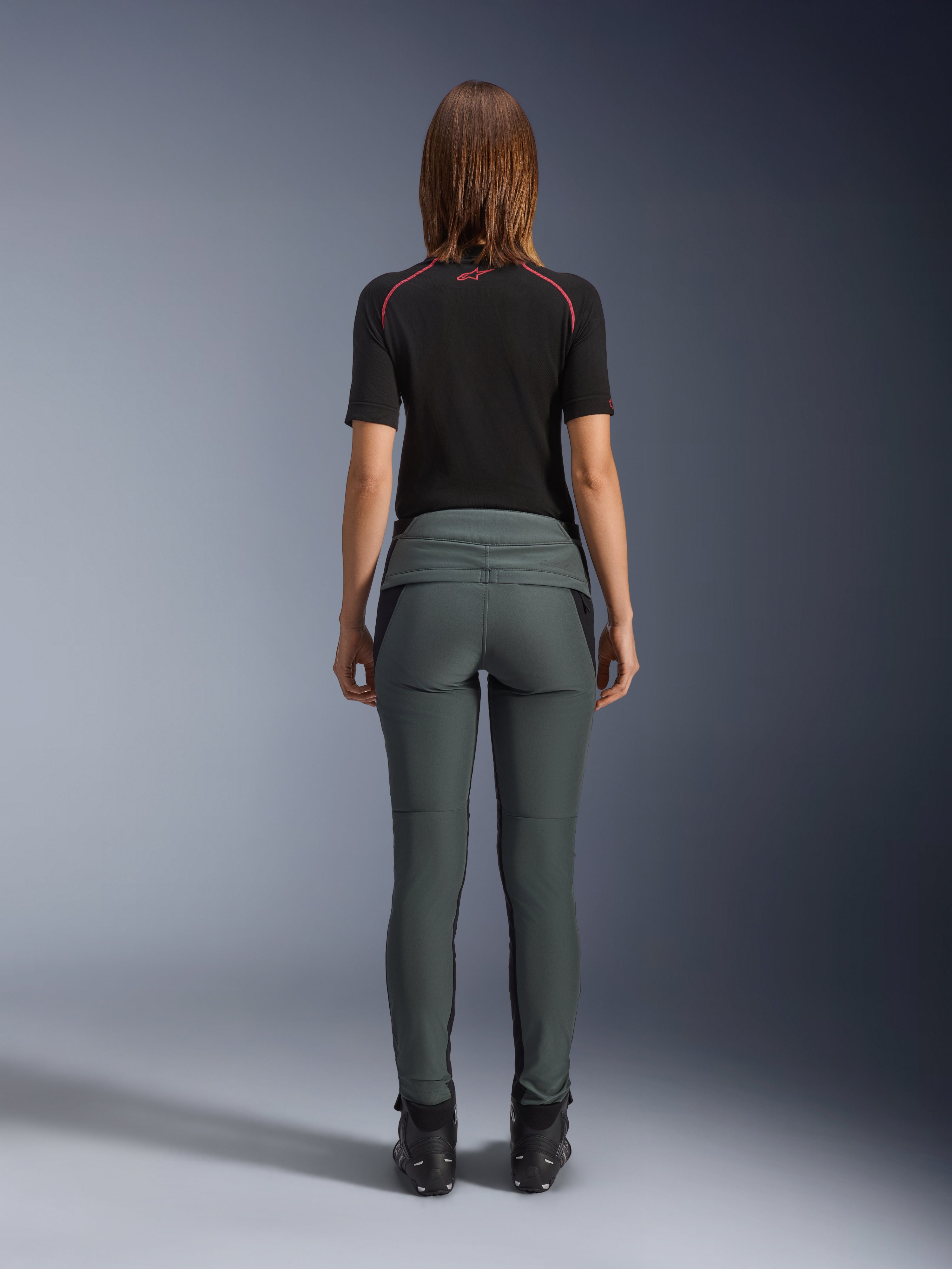 Alpinestars Alamosa Women's Pants in Urban Gray, slim fit urban motorcycle riding pants with quilted back waist, rear view.