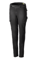 Alpinestars Caliber Tech Riding Denim für Damen, Motorrad-Cargohose in Anthrazitgrau, schmale Silhouette mit schrägen seitlichen Pattentaschen, Gürtelschlaufen und Knopf-Reißverschluss, strapazierfähiger Stretch-Cordura-Denim, urbane Motorrad-Schutzausrüstung.