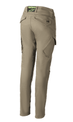 Alpinestars Caliber Women's Tech Riding Denim, Military Green motorcycle pants, back view showing slim fit combat design with angled cargo pockets, Astars logo on rear waistband, durable Cordura fabric.