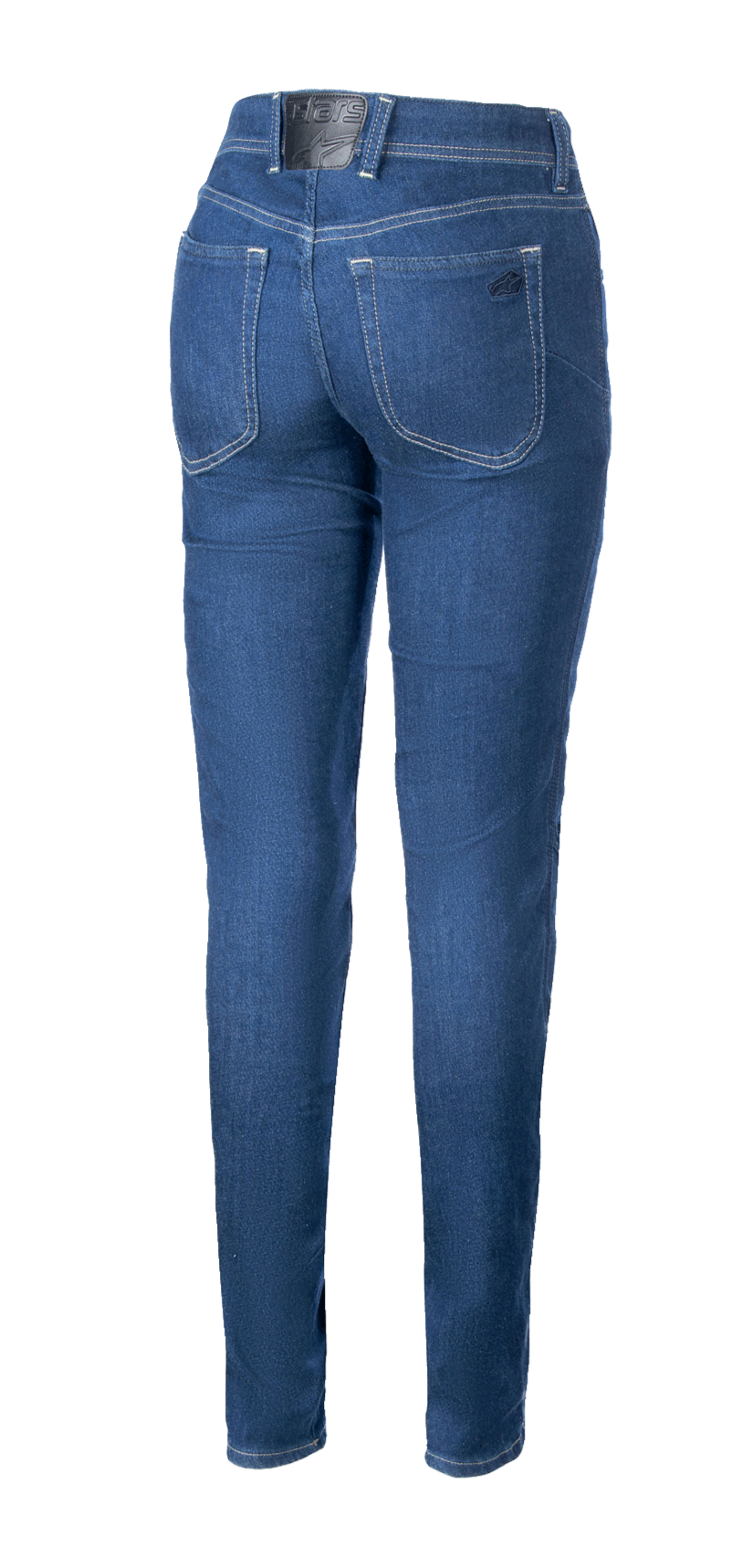 Alpinestars Daisy V3 Damen-Motorrad-Jeans, Rinse Blue, Rückansicht mit Slim-Fit-Passform, zwei Gesäßtaschen und schwarzem Logo-Aufnäher am Bund, lässige urbane Motorradbekleidung