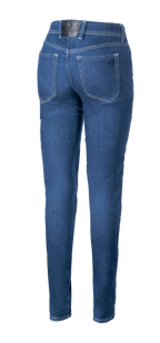 Alpinestars Daisy V3 Damen-Motorrad-Jeans, Rinse Blue, Rückansicht mit Slim-Fit-Passform, zwei Gesäßtaschen und schwarzem Logo-Aufnäher am Bund, lässige urbane Motorradbekleidung