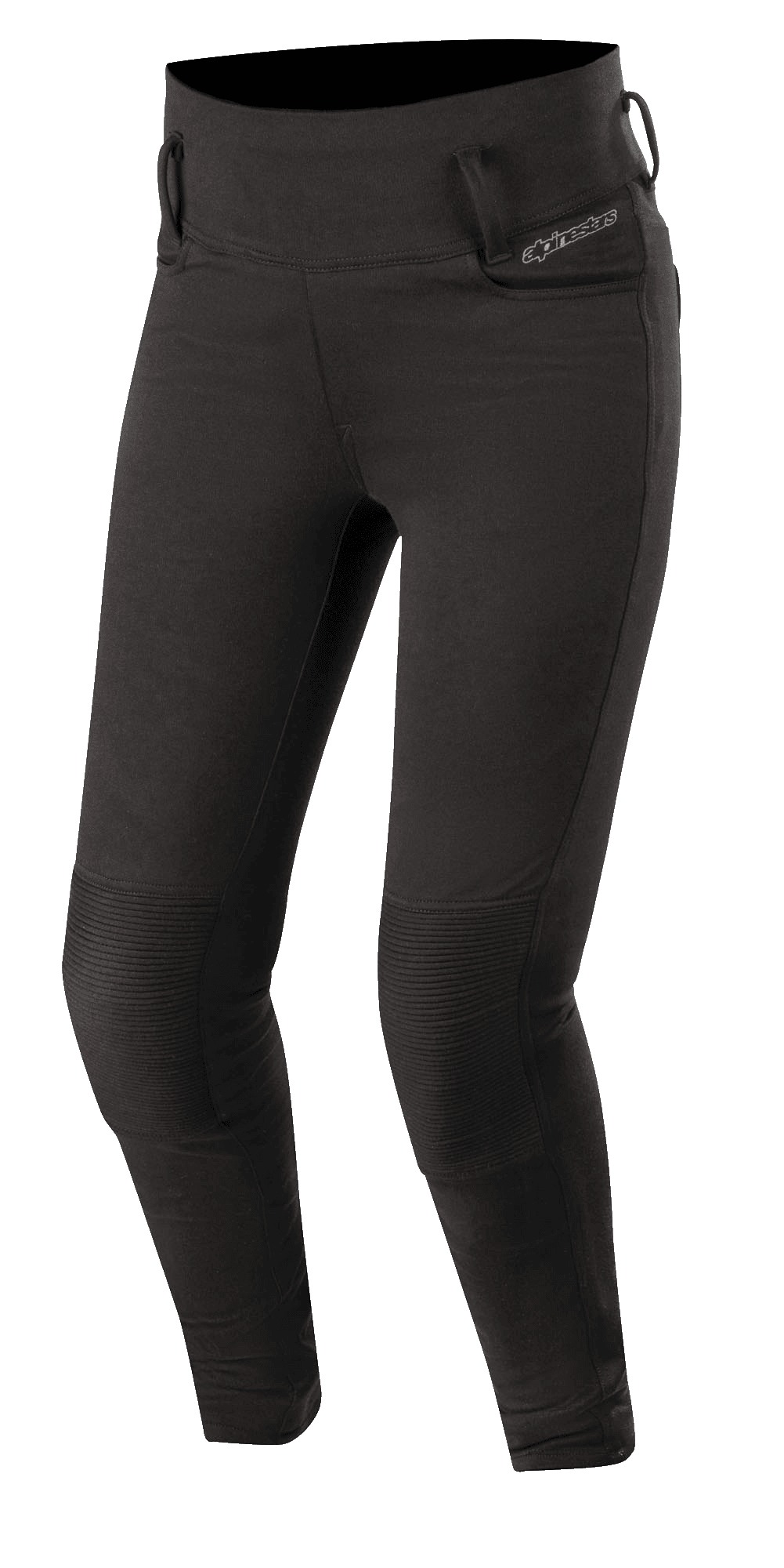 Alpinestars Banshee Damen-Leggings, Schwarz, figurbetonte Motorrad-Leggings mit verstärkten gerippten Kniepaneelen, Gürtelschlaufen und High-Waist-Design, schlanker sportlicher Look für urbanes Fahren auf der Straße