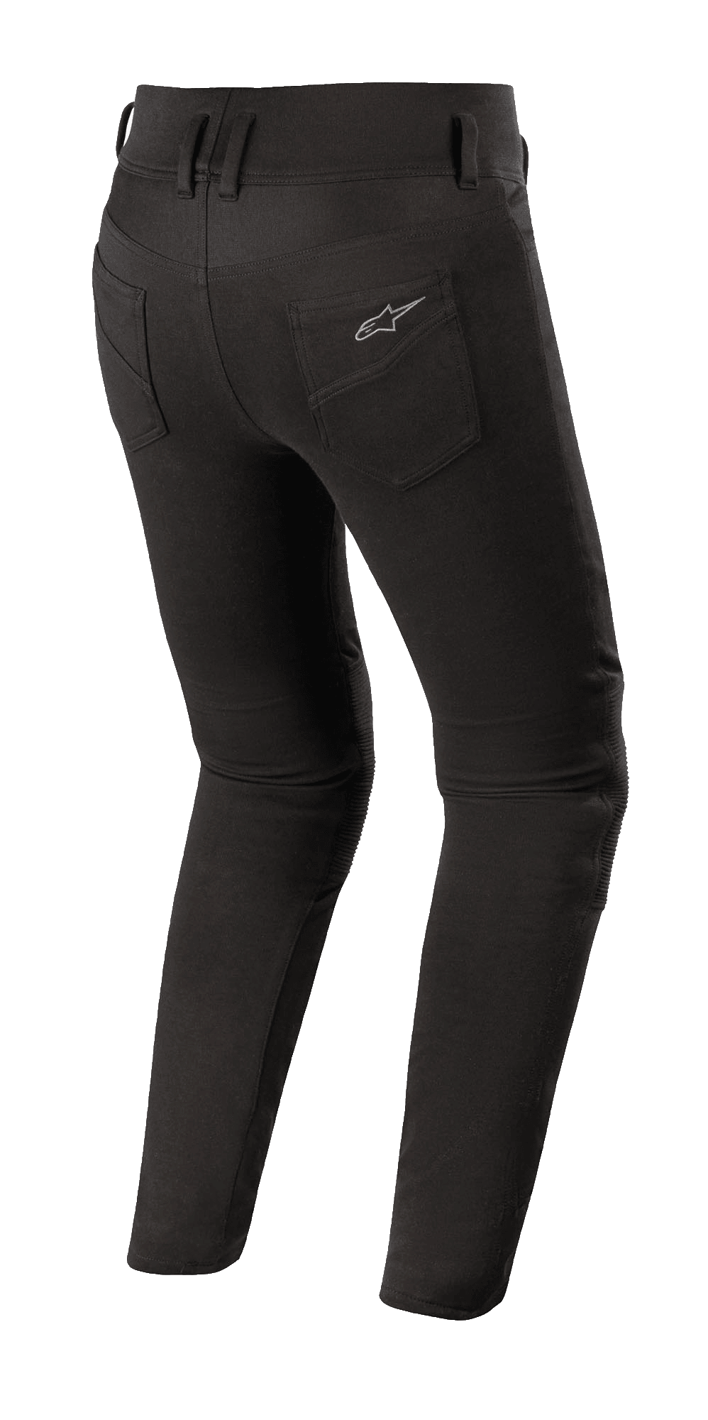 Alpinestars Banshee Damen-Leggings, schwarze Motorrad-Leggings, Rückansicht mit figurbetonter Passform, Gesäßtaschen mit Alpinestars-Logo, anatomisches Stretchgewebe für den urbanen Straßeneinsatz