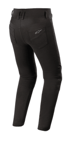 Alpinestars Banshee Damen-Leggings, schwarze Motorrad-Leggings, Rückansicht mit figurbetonter Passform, Gesäßtaschen mit Alpinestars-Logo, anatomisches Stretchgewebe für den urbanen Straßeneinsatz