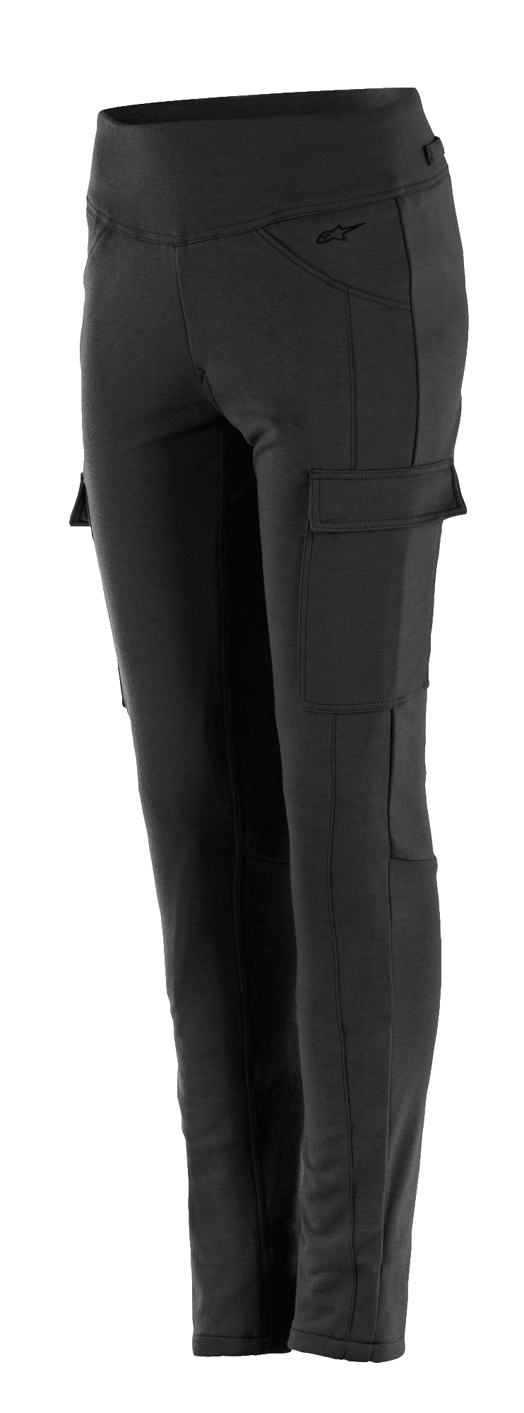 Alpinestars Iria Damen-Leggings, schwarze Motorrad-Leggings, schmale Passform mit hohem Bund, seitliche Cargo-Tasche mit Klappenverschluss, dezentes Logo an der Hüfte, strapazierfähige Textilkonstruktion für urbanes Fahren
