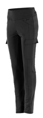 Alpinestars Iria Damen-Leggings, schwarze Motorrad-Leggings, schmale Passform mit hohem Bund, seitliche Cargo-Tasche mit Klappenverschluss, dezentes Logo an der Hüfte, strapazierfähige Textilkonstruktion für urbanes Fahren