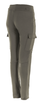 Alpinestars Iria Damen-Leggings, Military Green, Dreiviertel-Rückansicht, mit einer Cargotasche am Oberschenkel mit Klappverschluss, Slim-Fit-Design mit anatomischer Profilierung, Textilkonstruktion für urbane Motorradfahrten