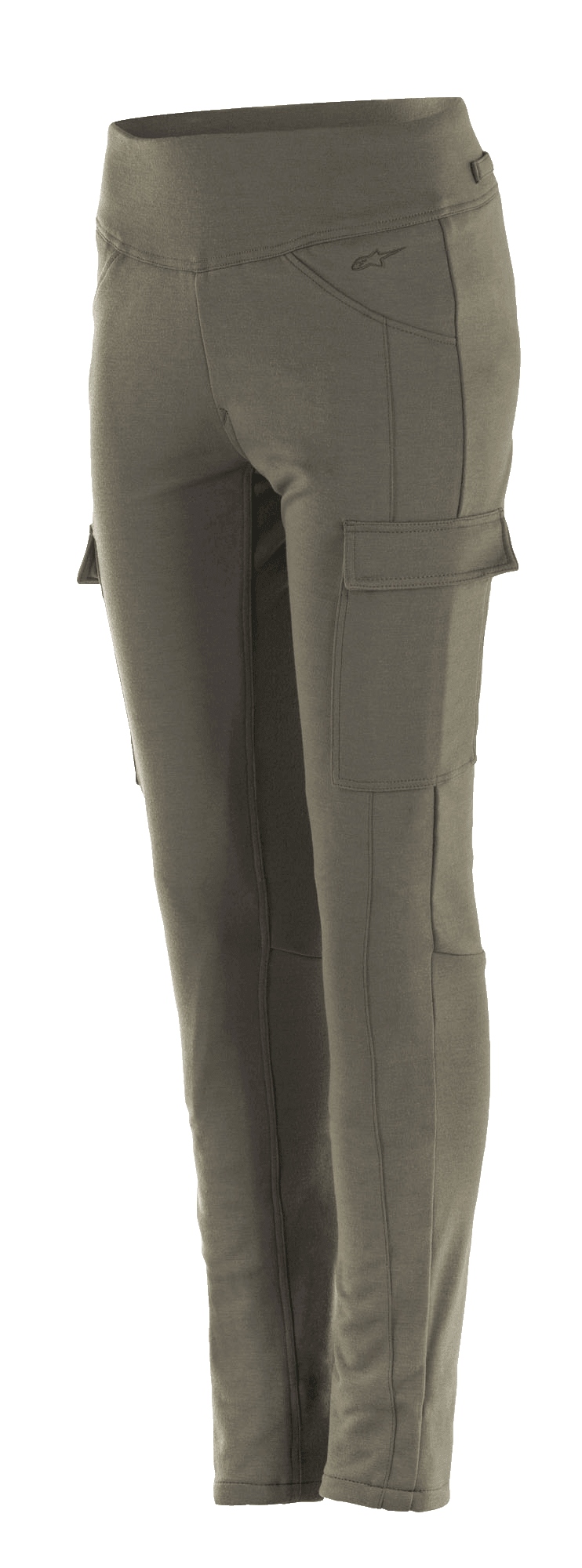Alpinestars Iria Damen-Leggings, Motorrad-Leggings in Military Green, Slim-Fit mit seitlichen Cargotaschen, breiter elastischer Bund, anatomisch geformte Urban-Riding-Ausrüstung