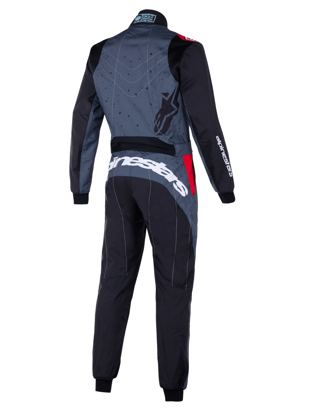 Alpinestars KMX-9 V3 Graphic 6 Anzug, grau-schwarzer Kart-Anzug mit roten Akzenten, Rückansicht mit grafisch gemustertem Rücken, markantes weißes Alpinestars-Branding über dem unteren Rücken, ergonomische Einsätze für Motorsport-Performance.