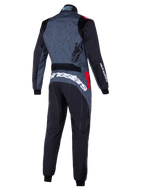 Alpinestars KMX-9 V3 Graphic 6 Anzug, grau-schwarzer Kart-Anzug mit roten Akzenten, Rückansicht mit grafisch gemustertem Rücken, markantes weißes Alpinestars-Branding über dem unteren Rücken, ergonomische Einsätze für Motorsport-Performance.