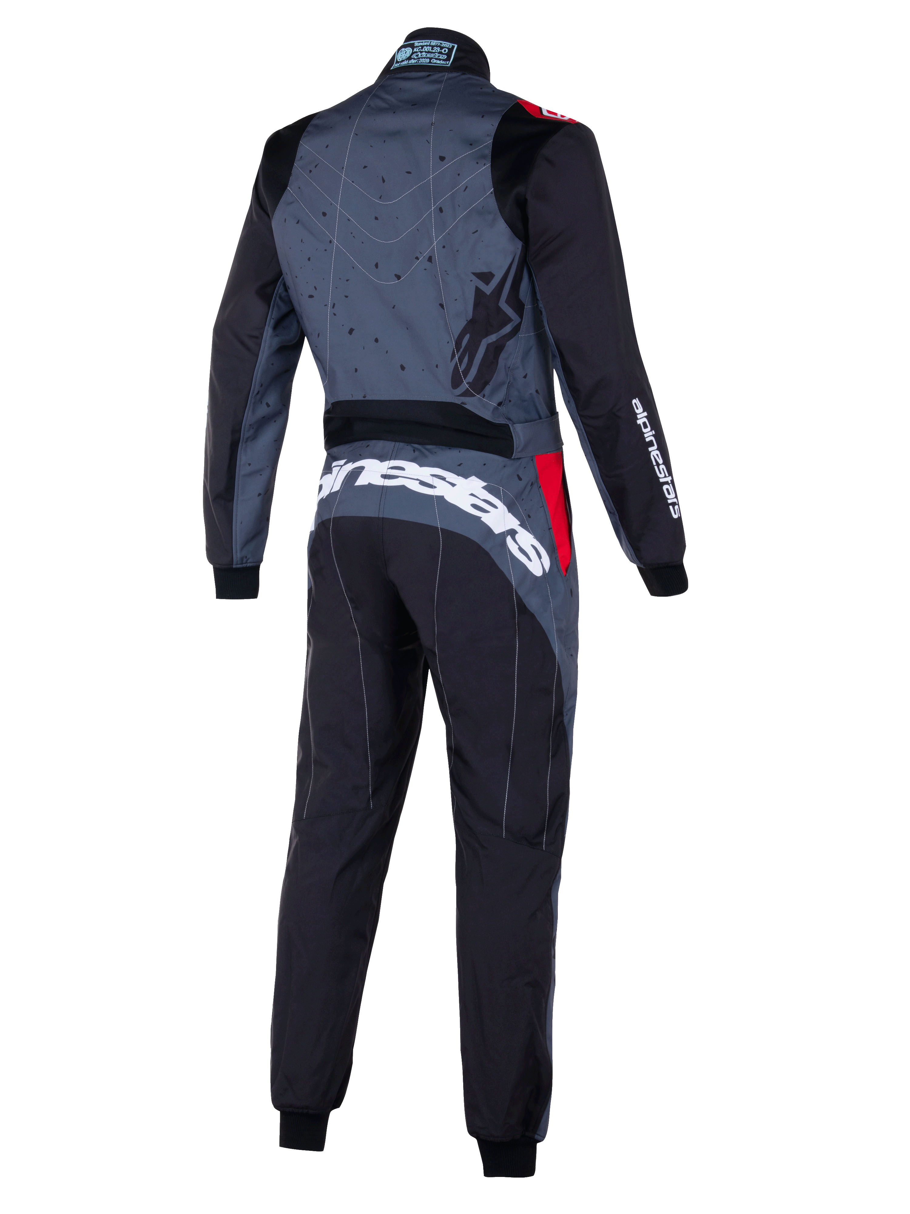 Alpinestars KMX-9 V3 Graphic 6 Anzug, grau-schwarzer Kart-Anzug mit roten Akzenten, Rückansicht mit grafisch gemustertem Rücken, markantes weißes Alpinestars-Branding über dem unteren Rücken, ergonomische Einsätze für Motorsport-Performance.