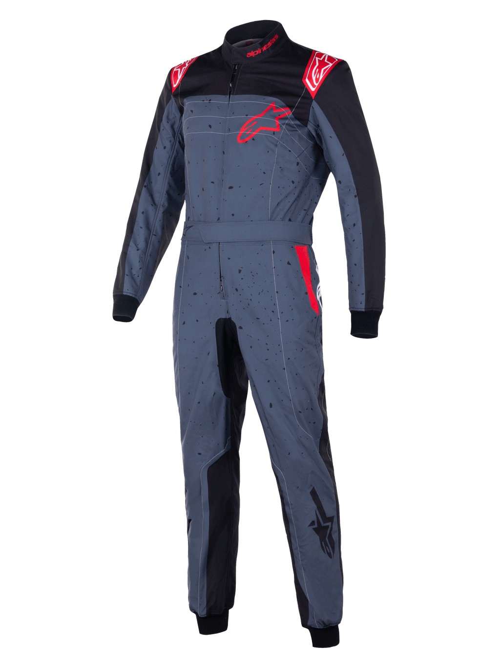 Alpinestars KMX-9 V3 Graphic 6 Anzug, Kart-Anzug, Anthrazitgrau mit schwarzen und roten Akzenten, gesprenkeltes Grafikdesign, rotes Stern-Logo auf der Brust, schwarze Inneneinsätze und rote Schulterdetails, professionelle Motorsport-Rennausrüstung