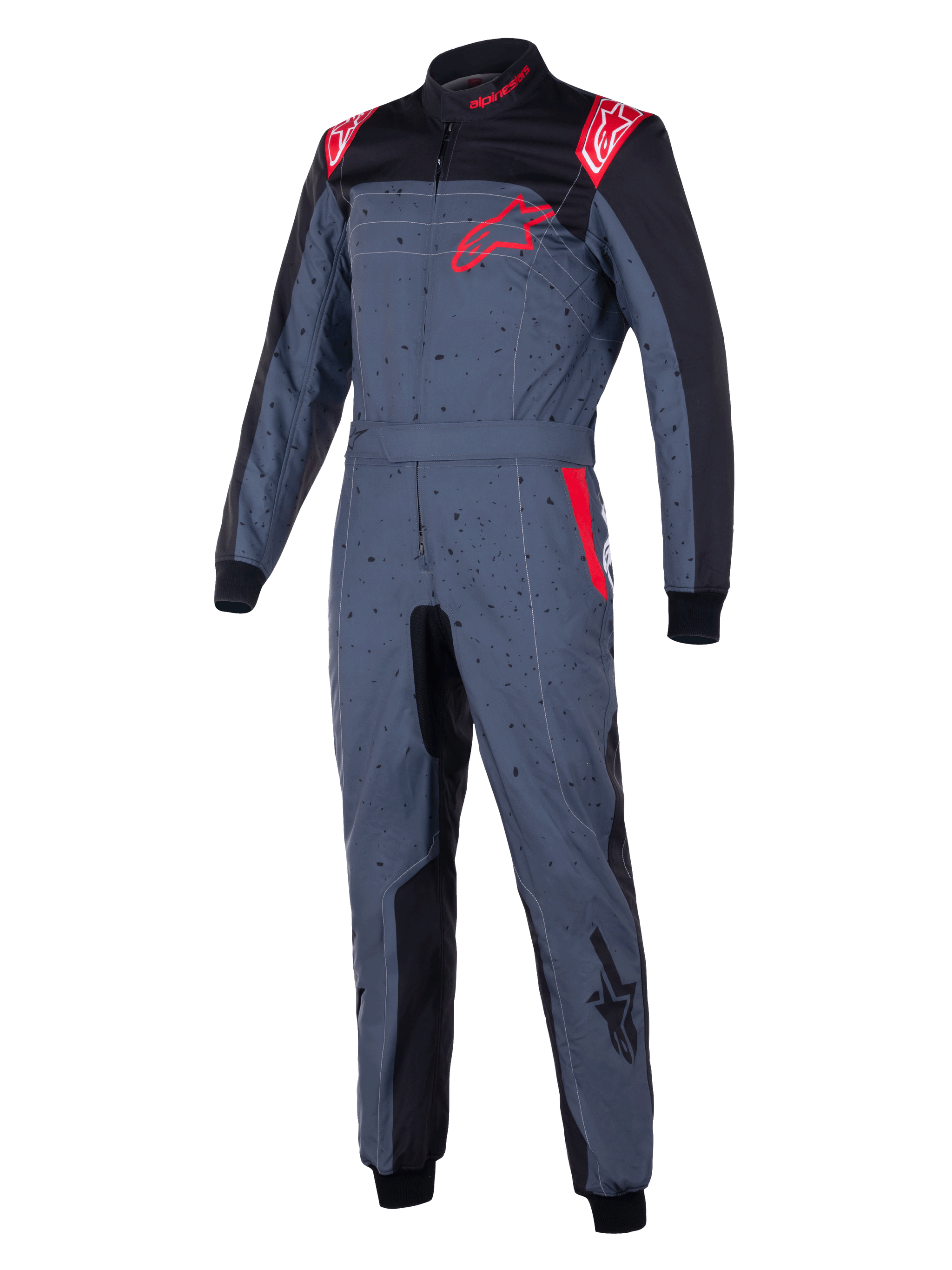 Alpinestars KMX-9 V3 Graphic 6 Suit, Karting Suit, Anthracite Gray with Black and Red accents, featuring a speckled graphic design, red star logo on the chest, black inner panels, and red shoulder details, professional motorsport racing gear