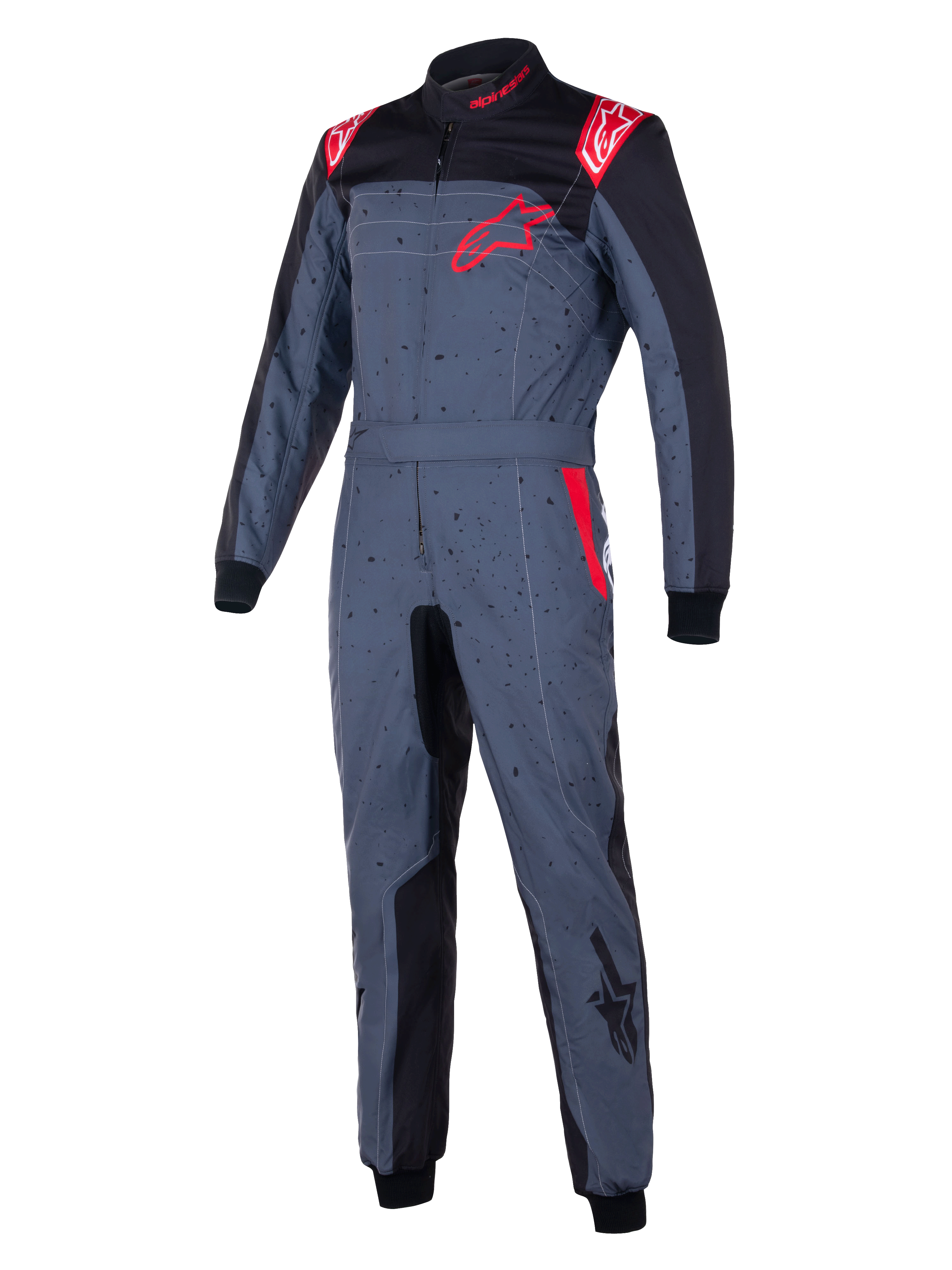 Alpinestars KMX-9 V3 Graphic 6 Anzug, Kart-Anzug, Anthrazitgrau mit schwarzen und roten Akzenten, gesprenkeltes Grafikdesign, rotes Stern-Logo auf der Brust, schwarze Inneneinsätze und rote Schulterdetails, professionelle Motorsport-Rennausrüstung