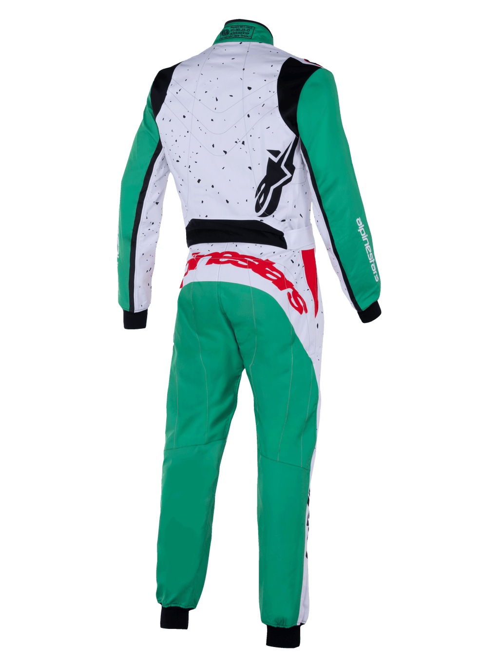 Alpinestars Jugend-KMX-9 V3 Graphic 6 Anzug, Kart-Anzug, Weiß, Grün und Rot, Rückansicht, grüne Ärmel und Hosenbeine, weißer oberer Rücken mit schwarzen gesprenkelten Grafiken, roter Alpinestars-Schriftzug an der Taille, schwarzes Logo auf der Schulter, professionelle Kart-Bekleidung
