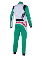 Alpinestars Jugend-KMX-9 V3 Graphic 6 Anzug, Kart-Anzug, Weiß, Grün und Rot, Rückansicht, grüne Ärmel und Hosenbeine, weißer oberer Rücken mit schwarzen gesprenkelten Grafiken, roter Alpinestars-Schriftzug an der Taille, schwarzes Logo auf der Schulter, professionelle Kart-Bekleidung